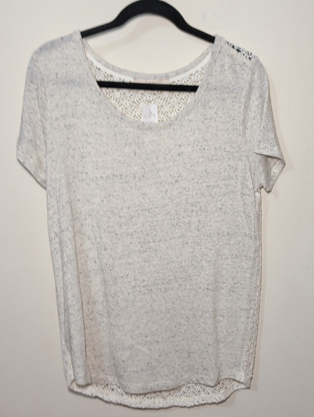 LOFT Gray T-Shirt with Ivory Crochet-Back Short Sleeve Boho NEW Women's Size S